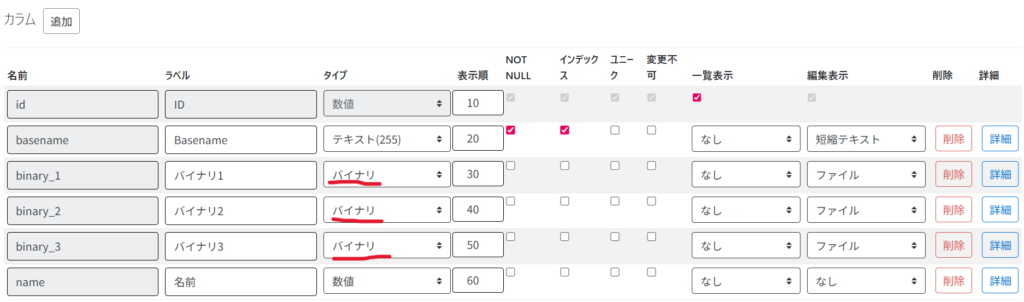 モデル「test」のカラム設定